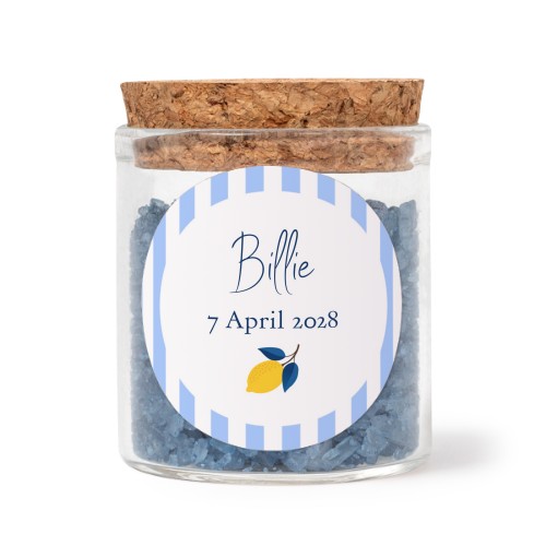 Glass jars with round stickers and blue bath salt - set of 12