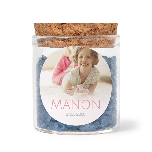 Mini bocal avec stickers rond et sel de bain bleu (lot de 12)