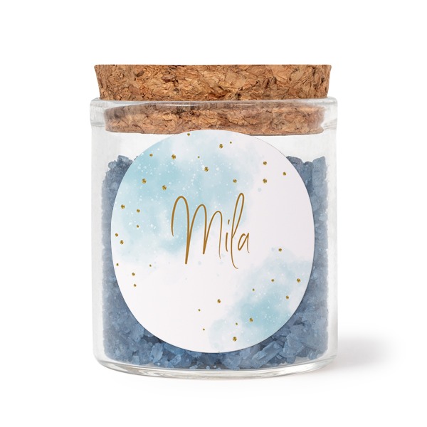 Bokaaltjes met ronde stickers en blauw badzout (set van 12)