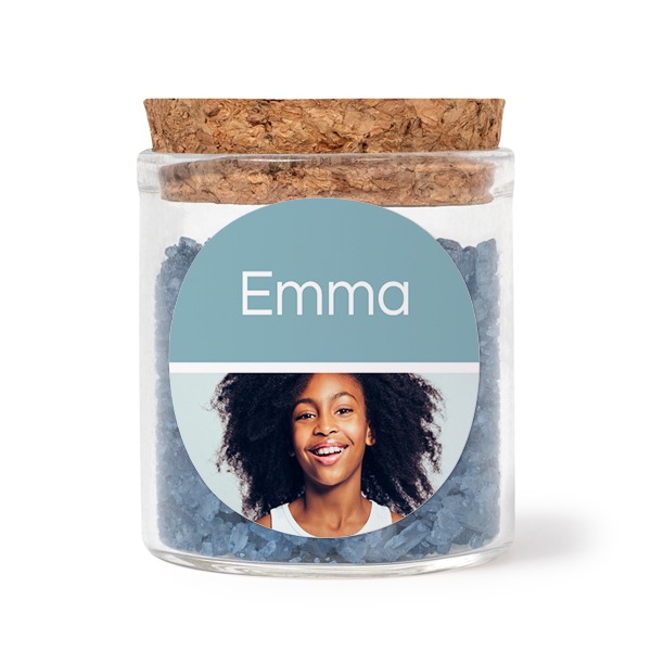 Glass jars with round stickers and blue bath salt - set of 12