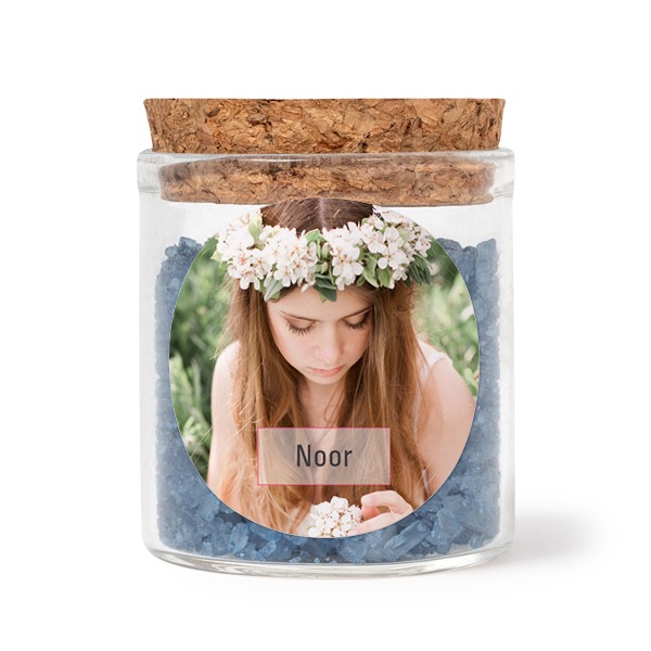 Glass jars with round stickers and blue bath salt - set of 12