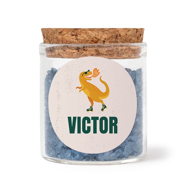 Glazen potjes met ronde stickers en blauw badzout (set van 12)