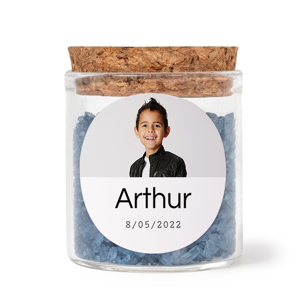 Bokaaltjes met ronde stickers en blauw badzout (set van 12) Bokaaltjes met ronde stickers en blauw badzout (set van 12)