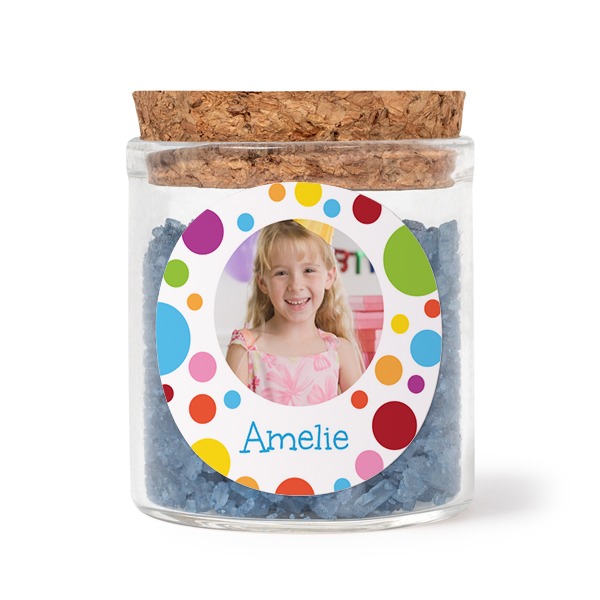 Glass jars with round stickers and blue bath salt - set of 12