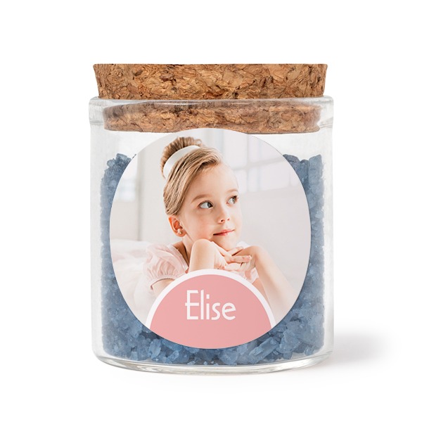 Glass jars with round stickers and blue bath salt - set of 12