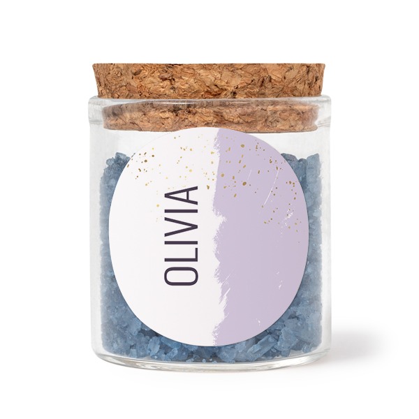 Glass jars with round stickers and blue bath salt - set of 12 Glass jars with round stickers and blue bath salt - set of 12