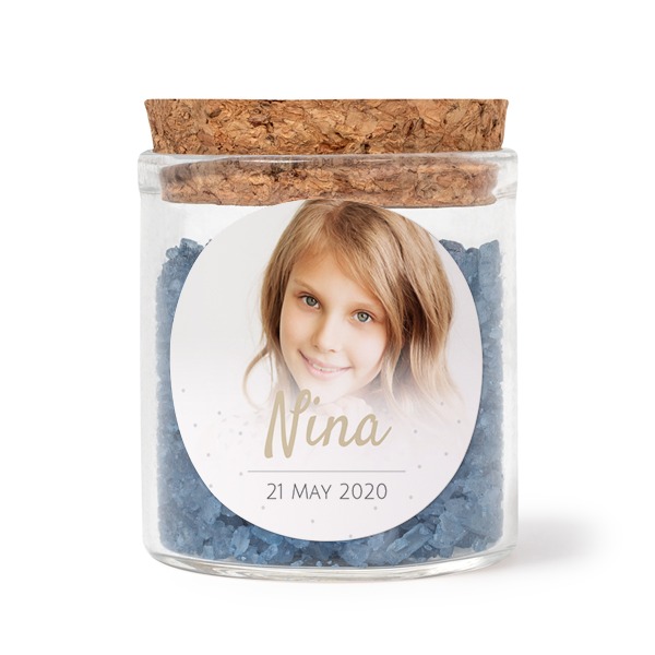 Glaskrukker med runde klistermærker og blåt badesalt - 12 stk