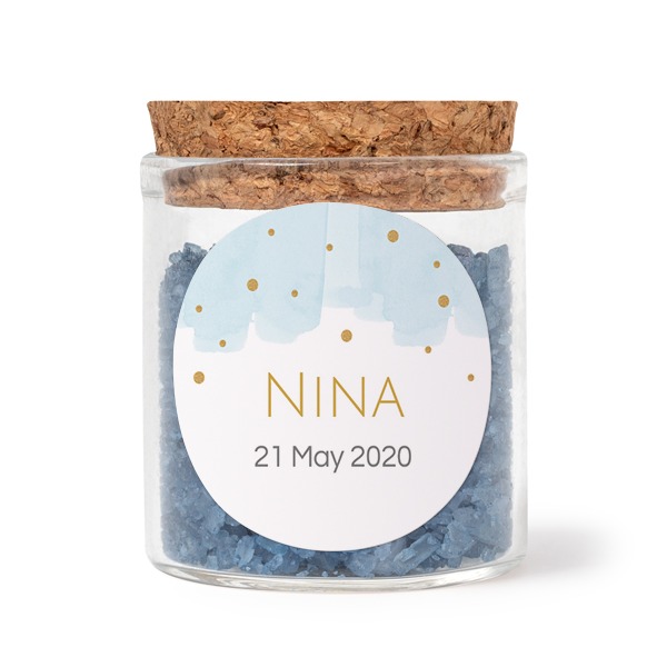 Glass jars with round stickers and blue bath salt - set of 12