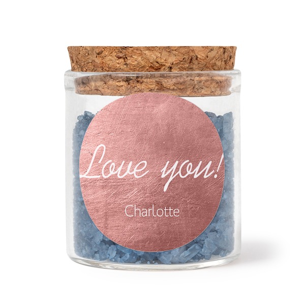 Glass jars with round stickers and blue bath salt - set of 12