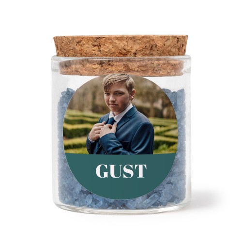 Glaskrukker med runde klistermærker og blåt badesalt - 12 stk Glaskrukker med runde klistermærker og blåt badesalt - 12 stk