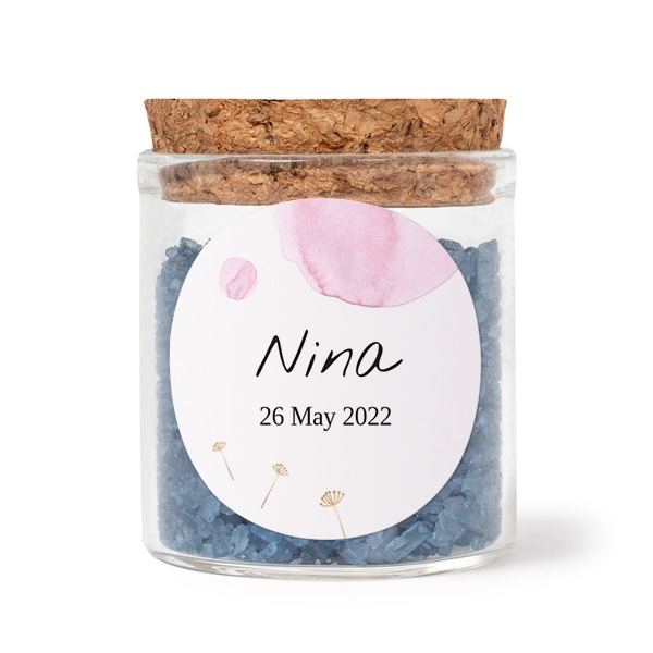 Glass jars with round stickers and blue bath salt - set of 12