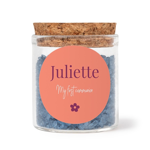 Glass jars with round stickers and blue bath salt - set of 12 Glass jars with round stickers and blue bath salt - set of 12