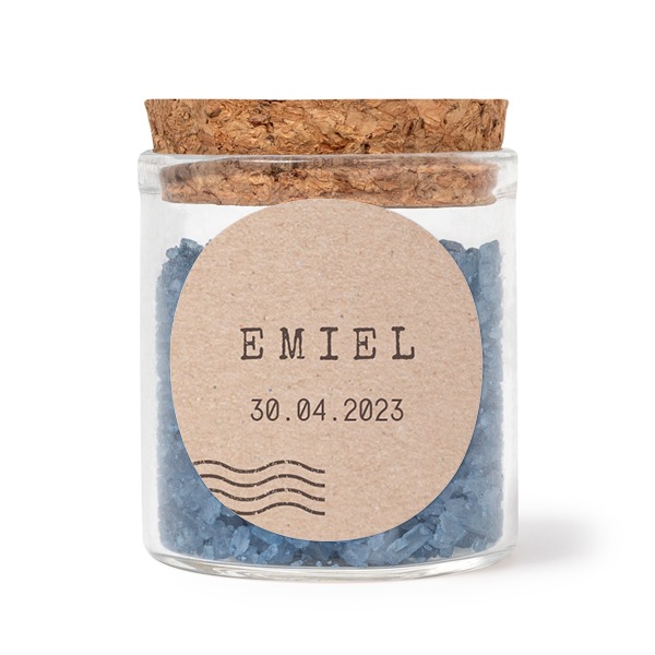 Glaskrukker med runde klistermærker og blåt badesalt - 12 stk