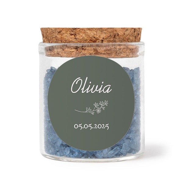 Glass jars with round stickers and blue bath salt - set of 12