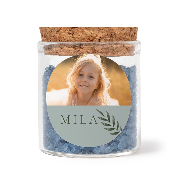 Glass jars with round stickers and blue bath salt - set of 12