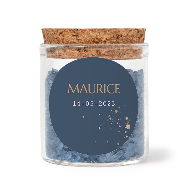 Glass jars with round stickers and blue bath salt - set of 12