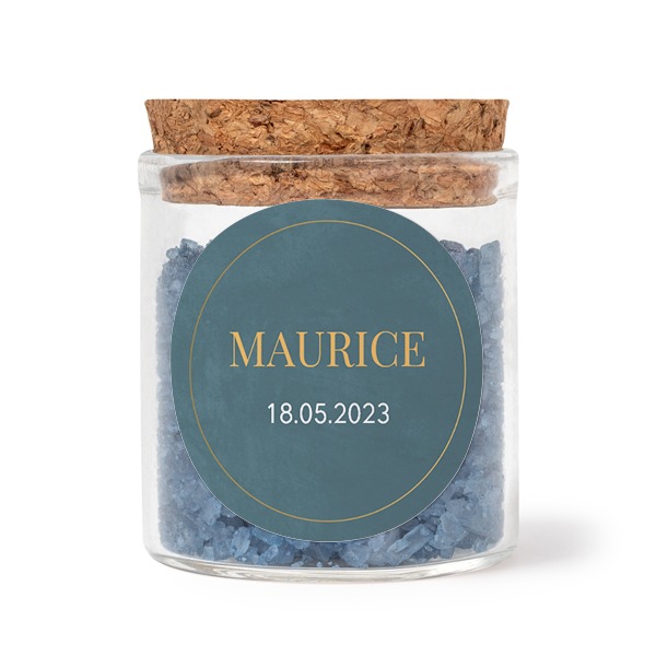 Glass jars with round stickers and blue bath salt - set of 12