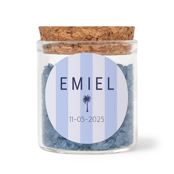 Glazen potjes met ronde stickers en blauw badzout (set van 12)