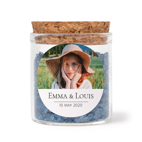 Glazen potjes met ronde stickers en blauw badzout (set van 12)