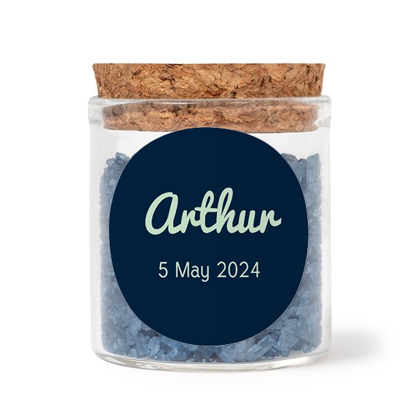 Glass jars with round stickers and blue bath salt - set of 12