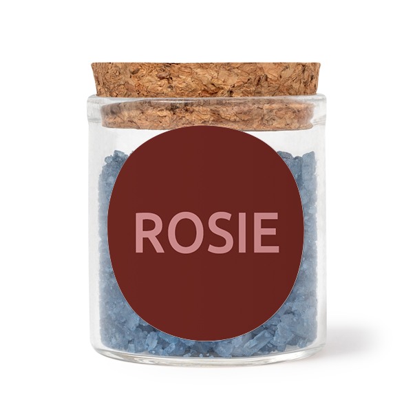 Glass jars with round stickers and blue bath salt - set of 12