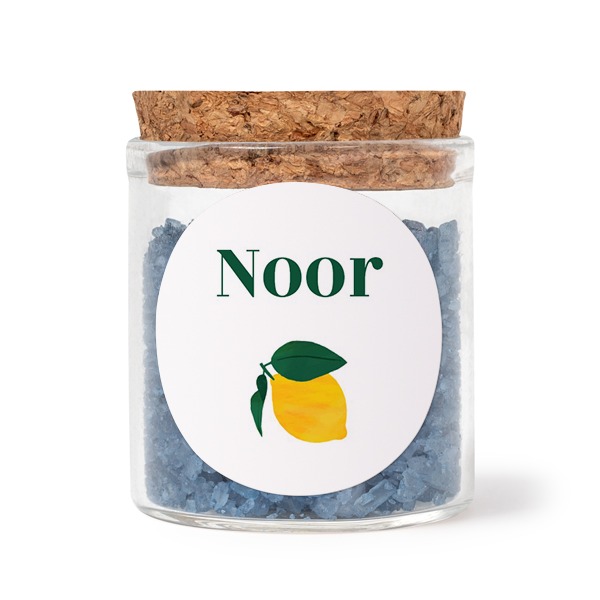 Glazen potjes met ronde stickers en blauw badzout (set van 12)