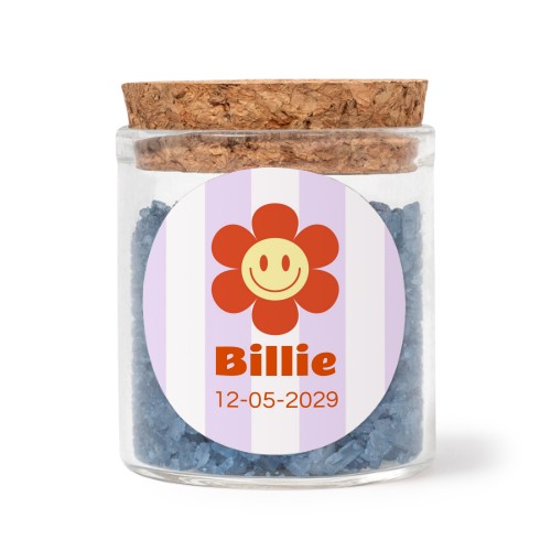 Glazen potjes met ronde stickers en blauw badzout (set van 12)