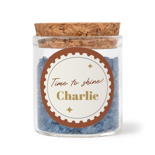 Glaskrukker med runde klistermærker og blåt badesalt - 12 stk