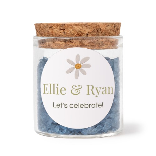 Glass jars with round stickers and blue bath salt - set of 12