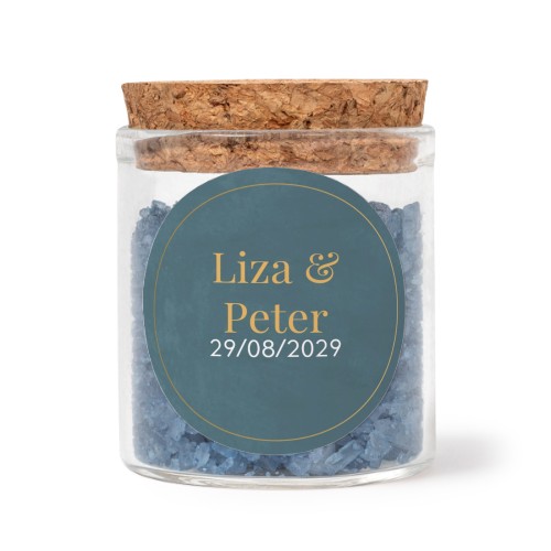 Glass jars with round stickers and blue bath salt - set of 12
