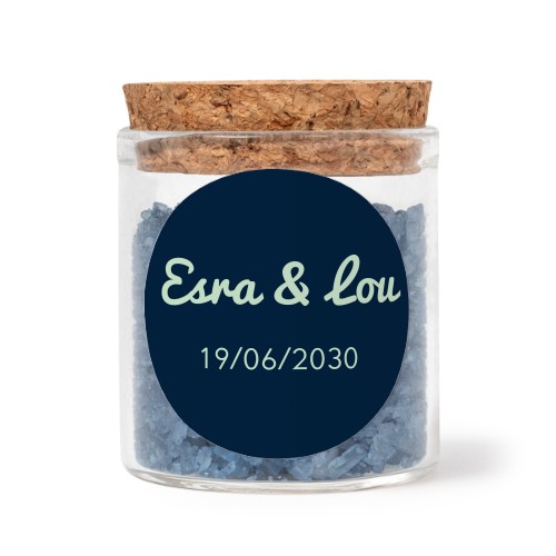 Glass jars with round stickers and blue bath salt - set of 12 Glass jars with round stickers and blue bath salt - set of 12