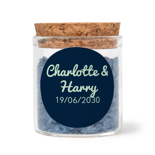 Glass jars with round stickers and blue bath salt - set of 12