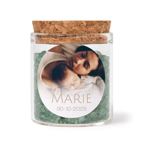 Glass jars with round stickers and green bath salt - set of 12