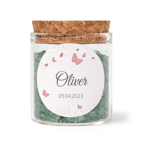 Glass jars with round stickers and green bath salt - set of 12