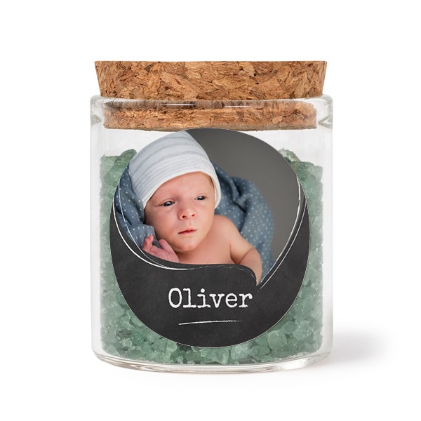 Glaskrukker med runde klistermærker og grønt badesalt - 12 stk