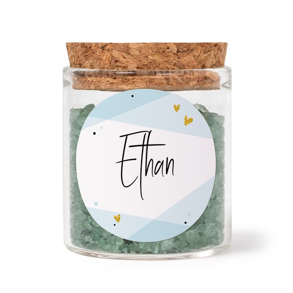 Glass jars with round stickers and green bath salt - set of 12