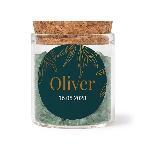 Glasskrukker med runde klistremerker og grønt badesalt - 12 stk