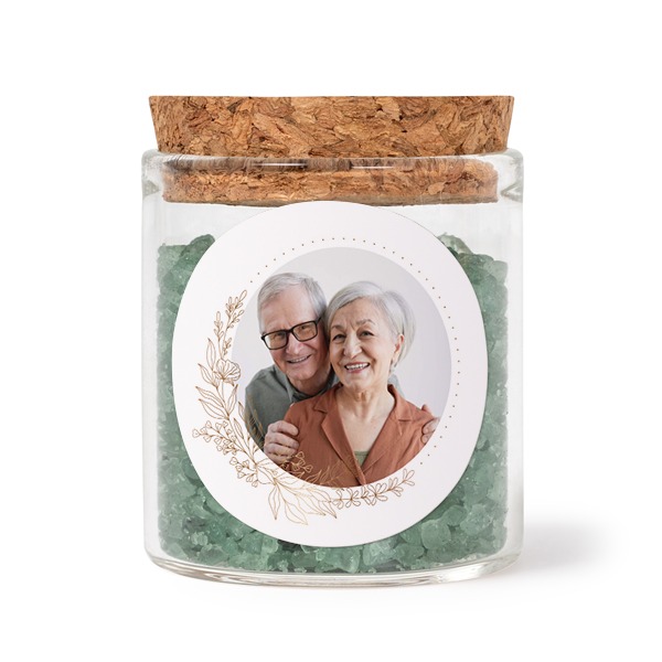 Glass jars with round stickers and green bath salt - set of 12