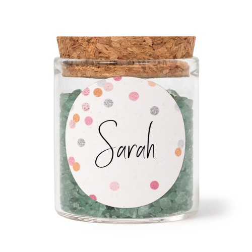 Glass jars with round stickers and green bath salt - set of 12