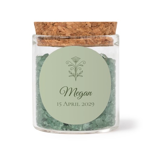 Glass jars with round stickers and green bath salt - set of 12 Glass jars with round stickers and green bath salt - set of 12