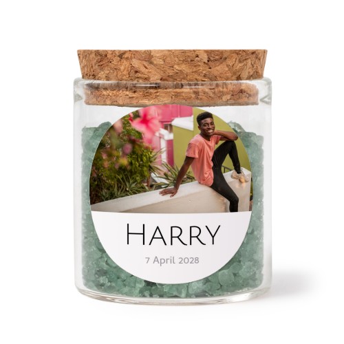 Glass jars with round stickers and green bath salt - set of 12