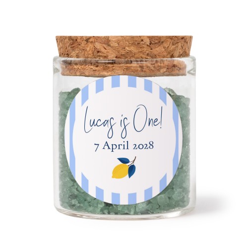 Glass jars with round stickers and green bath salt - set of 12