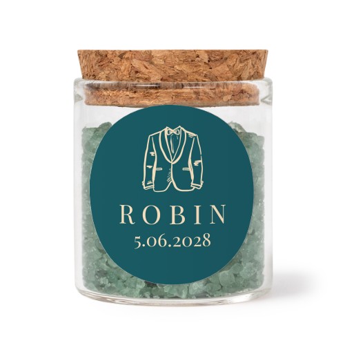 Glass jars with round stickers and green bath salt - set of 12