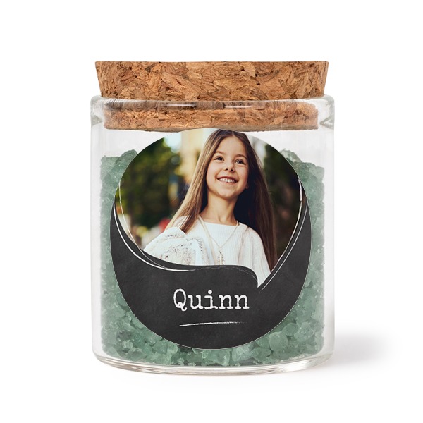 Glass jars with round stickers and green bath salt - set of 12