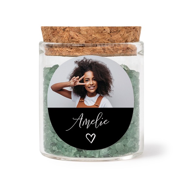 Glass jars with round stickers and green bath salt - set of 12