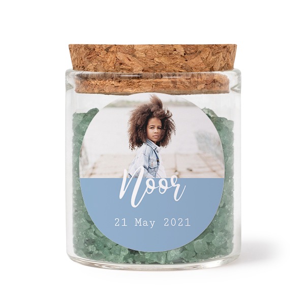Glass jars with round stickers and green bath salt - set of 12