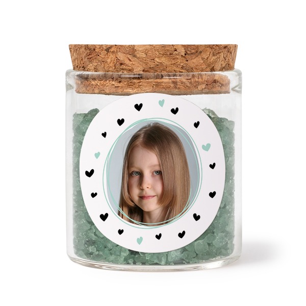 Glass jars with round stickers and green bath salt - set of 12