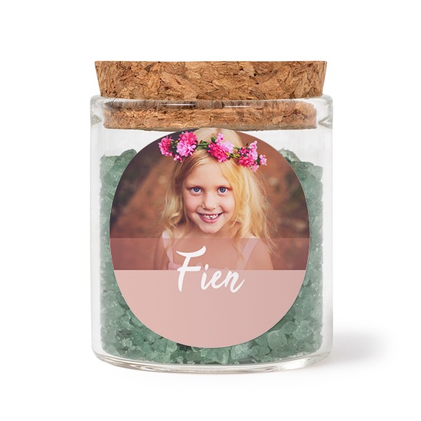 Glass jars with round stickers and green bath salt - set of 12