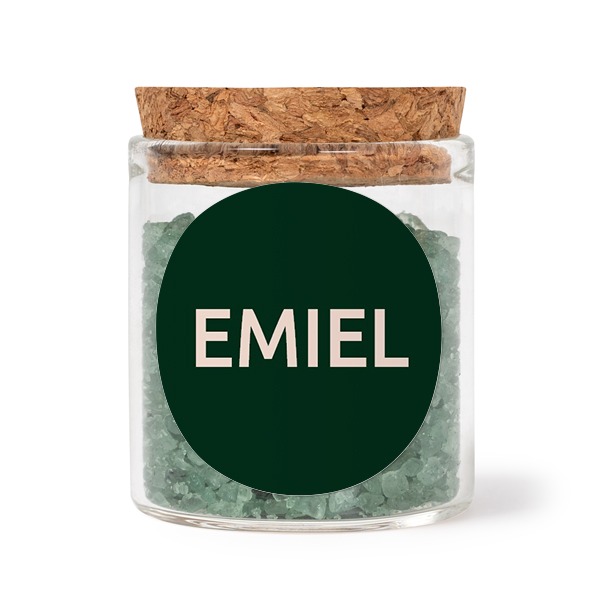 Glass jars with round stickers and green bath salt - set of 12