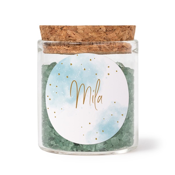 Glass jars with round stickers and green bath salt - set of 12